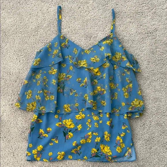 Goen.J Floral Ruffle Top | Size Small (4) | Blue & Yellow - Picture 1 of 6